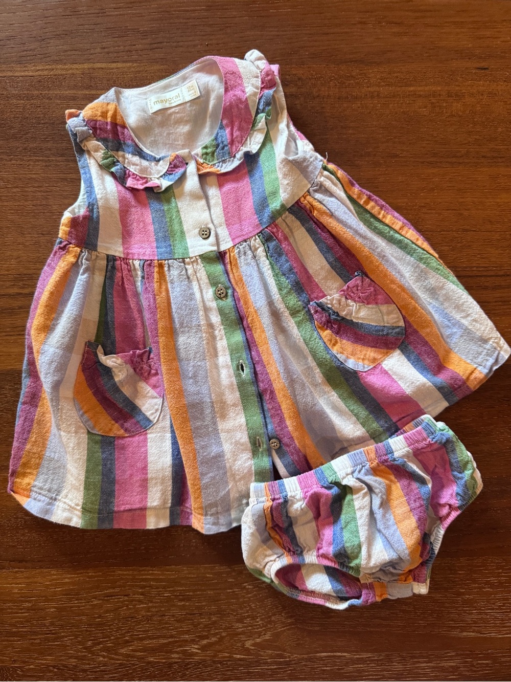 Mayoral Rainbow Stripe Baby Dress & Bloomers - Pink, Green, Orange, Blue